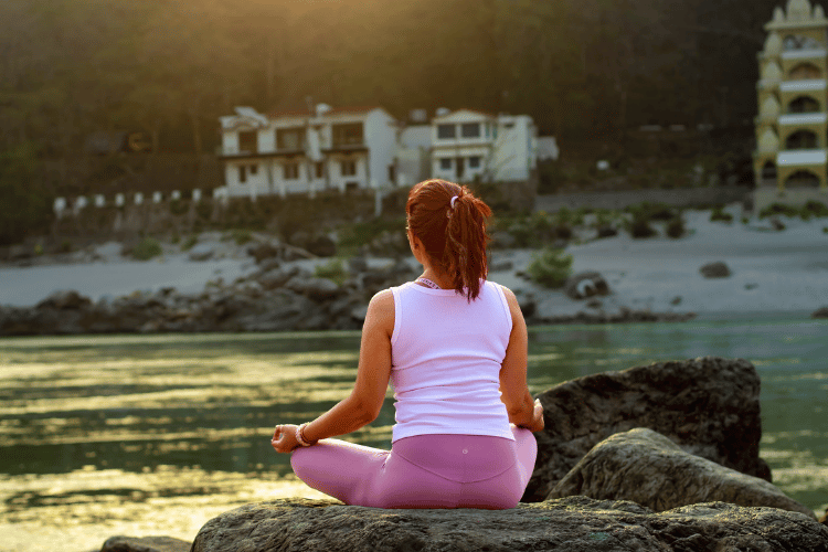 Rishikesh Yog Kendra Yoga practice beside the Ganga during the Swadhyay retreat in Rishikesh